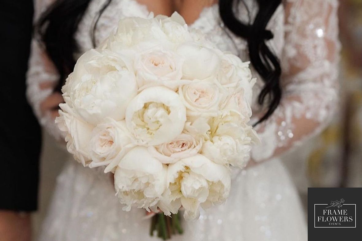Bridal bouquet of white peonies and garden roses, Frame Flowers Events, Cyprus