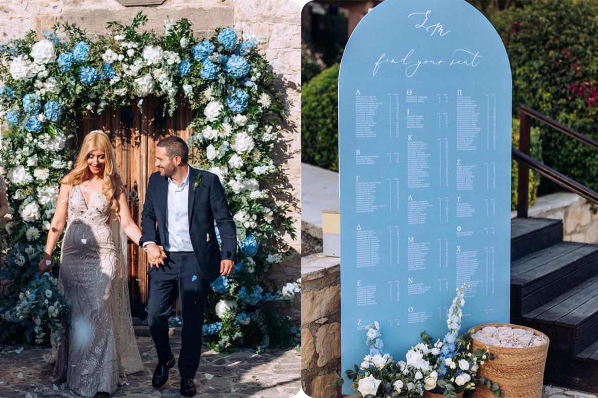 Wedding couple leaving a stone chapel under an arch of blue and white hydrangea, next to a blue seating chart